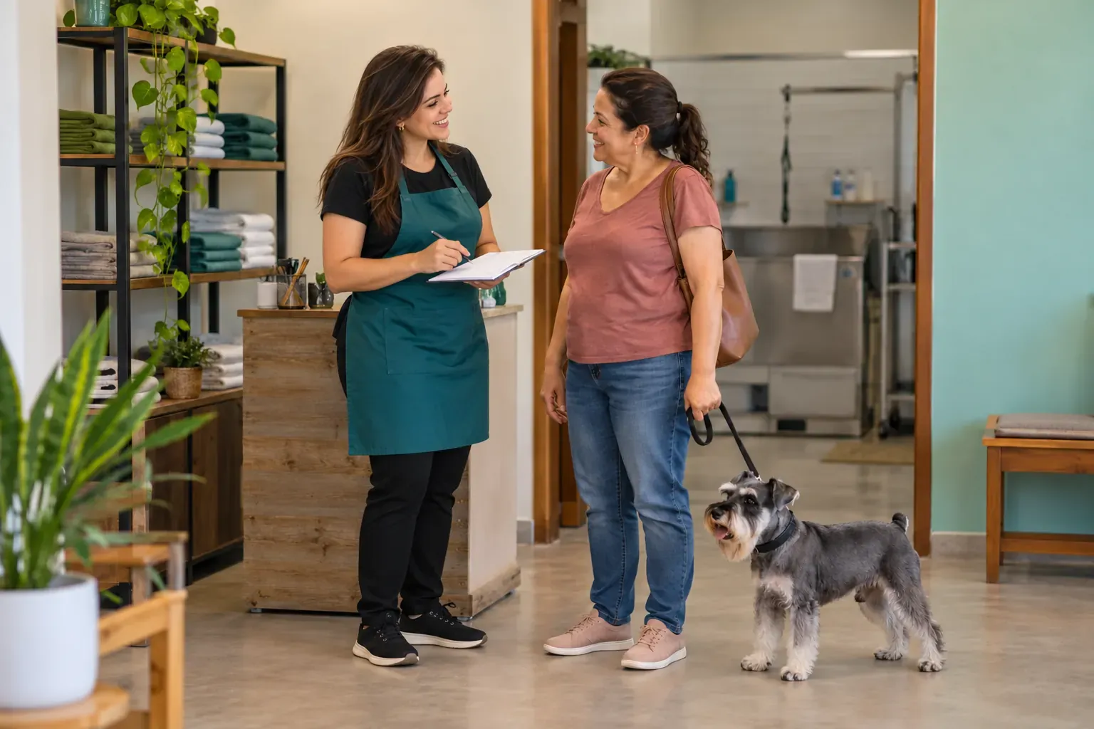 Profissional conversa com tutora na recepção do banho e tosa, com um schnauzer ao lado