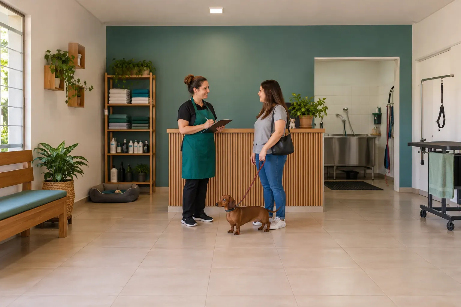 Profissional e tutora de corpo inteiro na recepção do banho e tosa, com um dachshund castanho ao lado